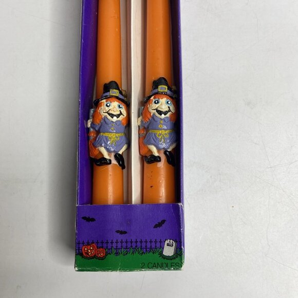 Vintage Halloween Taper Candles Witch Orange 10 in Unused 2 Pack Original Box - Picture 2 of 7